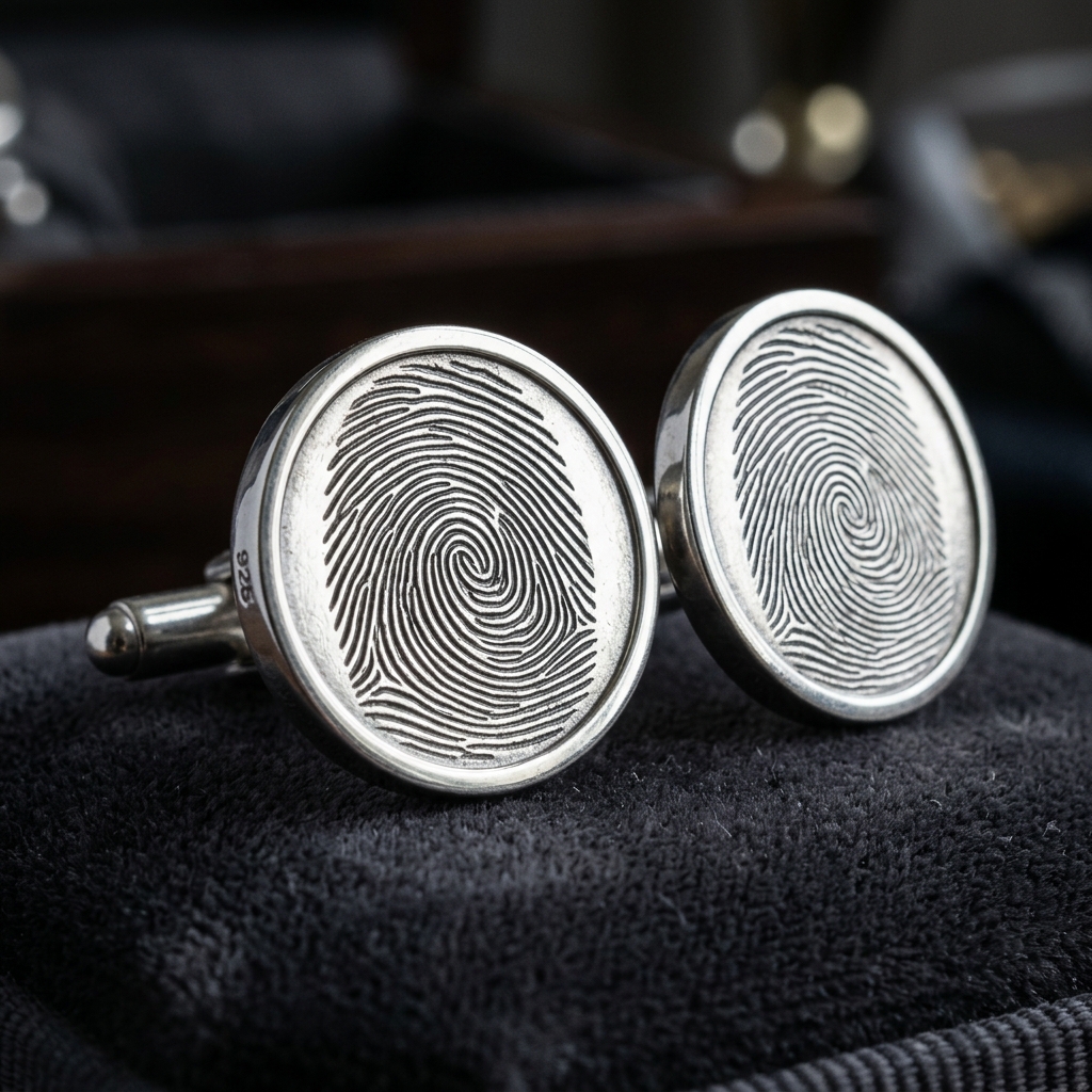 Fingerprint cufflinks in sterling silver showing detailed engraving