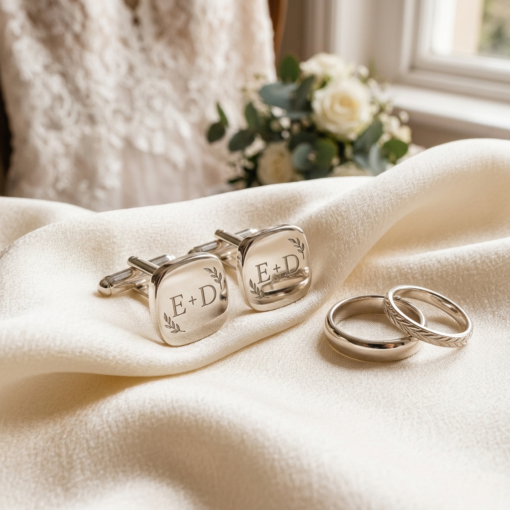 Personalised wedding cufflinks on ivory silk fabric next to wedding rings